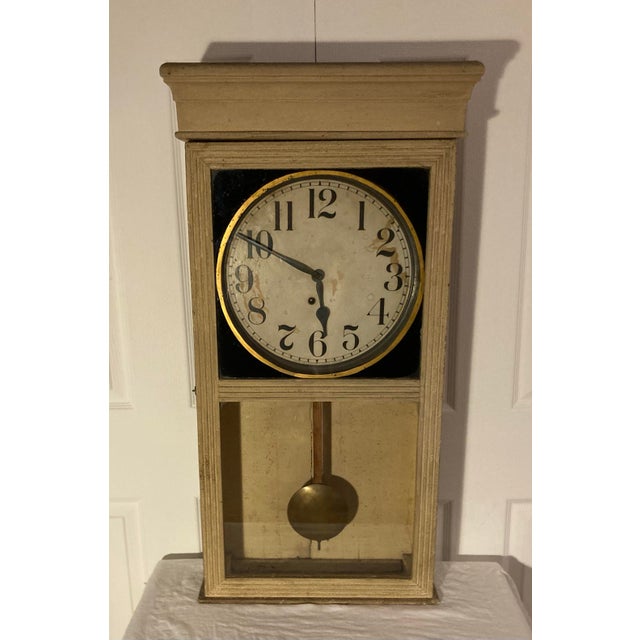 Classic American school house clock from early 20th century painted glass front door key for winding bottom of face wood &...