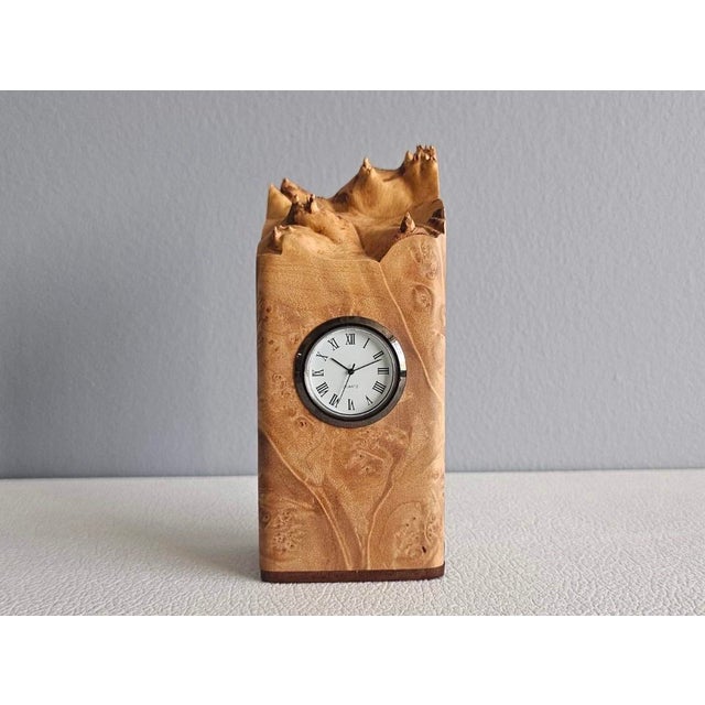 Michael Elkan Michael Elkan Signed Hand-Carved Curly Maple Burl Desk Clock With Hidden Compartment For Sale - Image 4 of 9