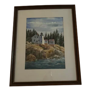 1990s Watercolor by D. Johnson of Lighthouse, Cliffs and Ocean., Framed