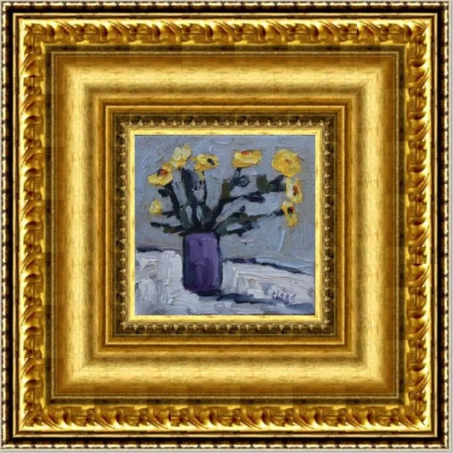 Yellow Yellow Flowers With Purple Vase, Contemporary Oil Painting For Sale - Image 8 of 9