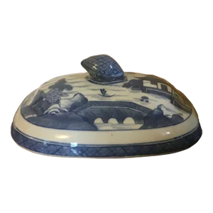 Antique 19th C. Chinese Export Canton Blue & White Porcelain Dome Lid Platter Cover