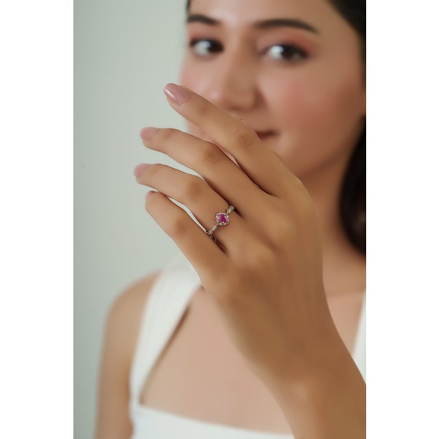 Oval Cut Ruby & Diamond Floral Halo Vintage Ring Size 5 in 14k Yellow Gold For Sale - Image 10 of 15
