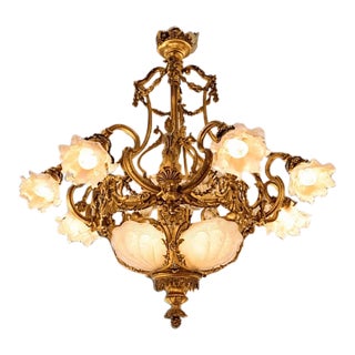 1860 French Artisan Louis XVI Gold Bronze Chandelier For Sale