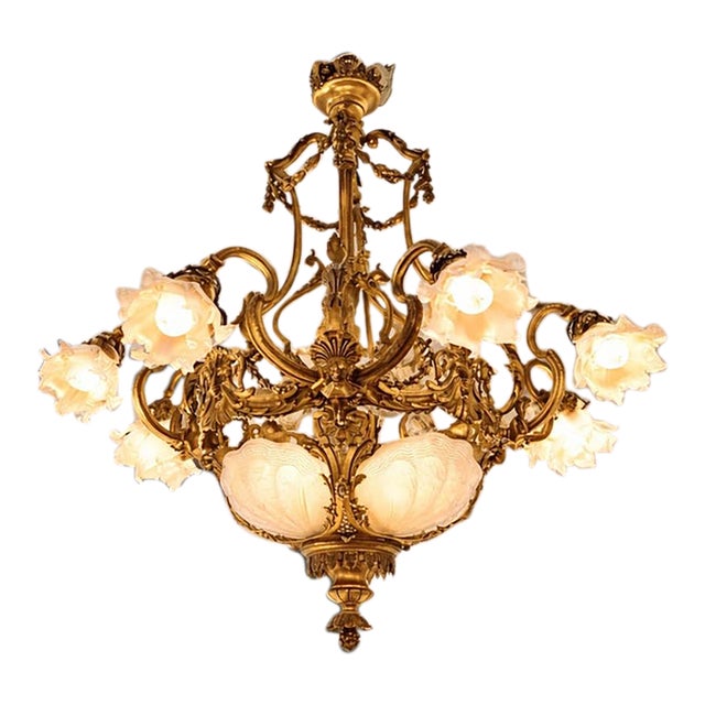 1860 French Artisan Louis XVI Gold Bronze Chandelier For Sale