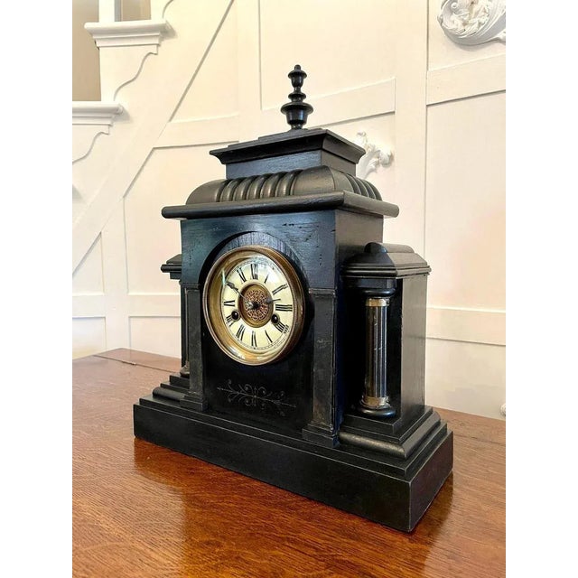 Large Victorian 19th century antique faux marble mantel clock having a fantastic architectural reeded shaped top with a...