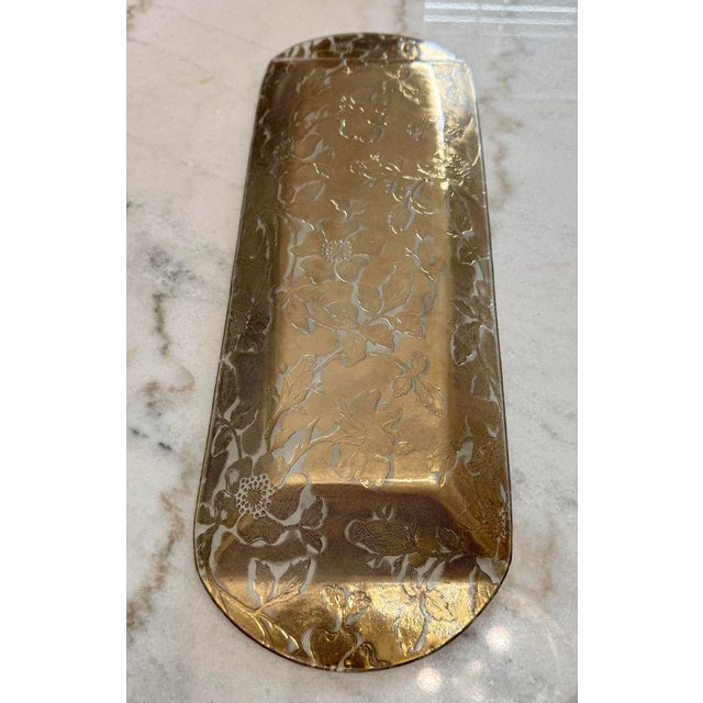 Glass Vintage Gold Floral Embossed Glass Tray Rectangular Vanity Dresser Serving Dish For Sale - Image 7 of 7