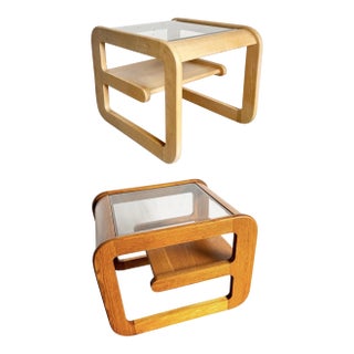 Mid Century Modern Oak Side Tables With Smoked Glass Top by Lou Hodges - A Pair For Sale