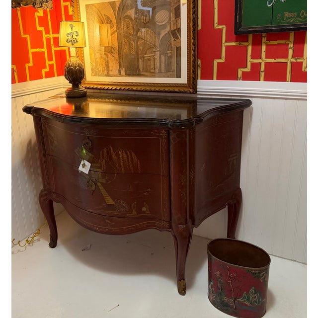 1990s 19th C Style E. J. Victor Red Chinoiserie & Black Marble Commode For Sale - Image 5 of 7