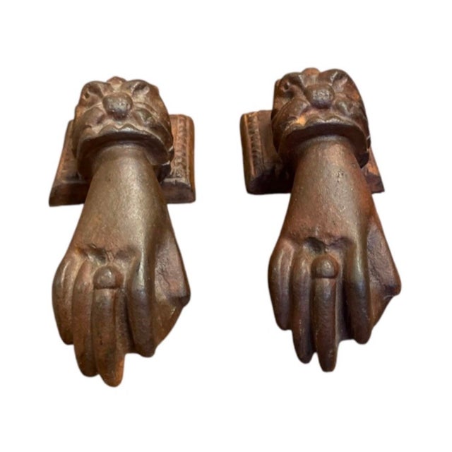 Metal Pair of Vintage Victorian-Style Cast Iron Hand Door Knockers For Sale - Image 7 of 12