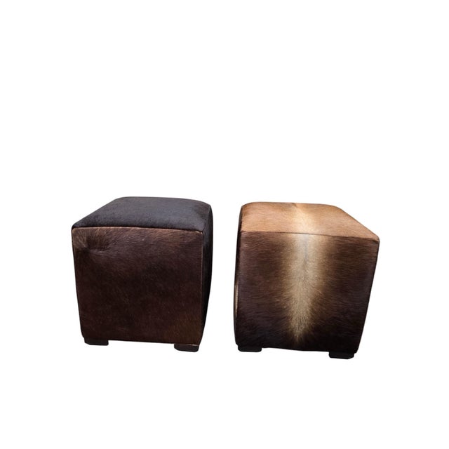 Animal Skin Mid 20th Century Cube Ottomans Newly Reupholstered in Genuine Hair-on-Hide Steer Hide - Pair For Sale - Image 7 of 12