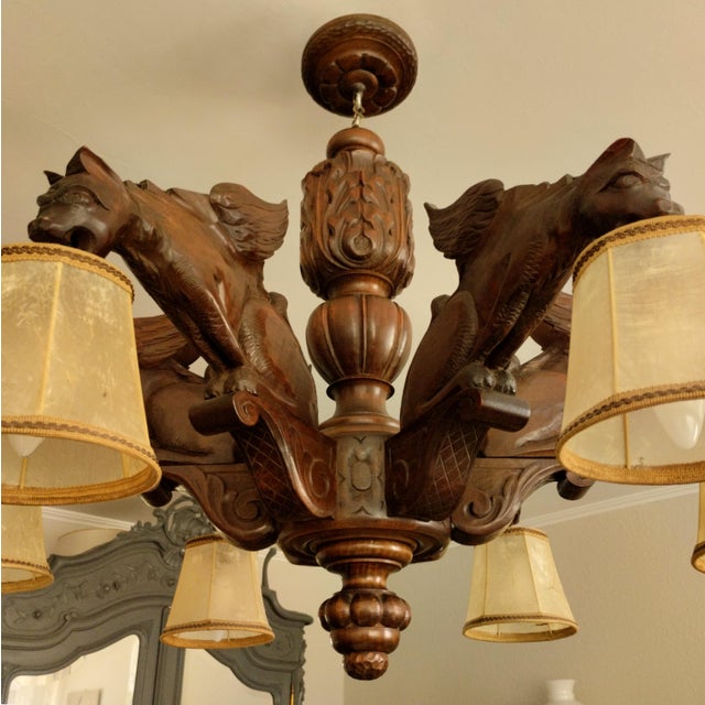 Antique Black Forest Gothic Revival Carved Wood Chandelier with Gargoyles and Mascarons, 1940s For Sale - Image 9 of 17