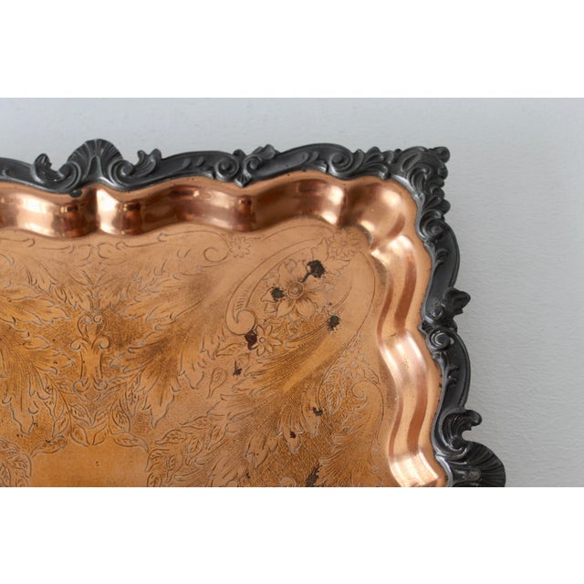 Vintage Ornate English Copper Pewter Square Engraved Platter Footed For Sale - Image 9 of 16