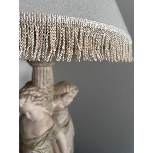 Ivory 1990s Pacific Coast Lighting Neoclassical Cherub Table Lamp With Fringed Shade For Sale - Image 8 of 10