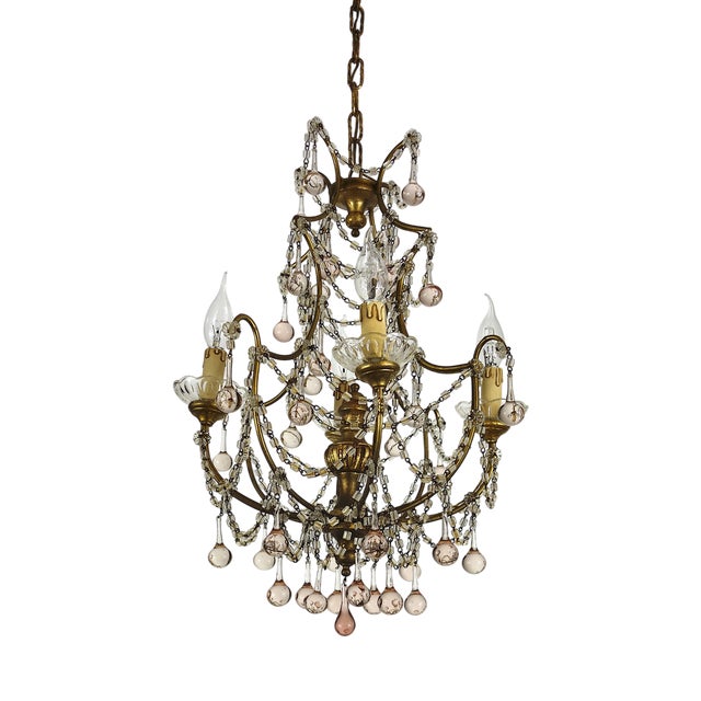 Gold-Plated Metal & Murano Glass Drop Chandelier, 1930s For Sale