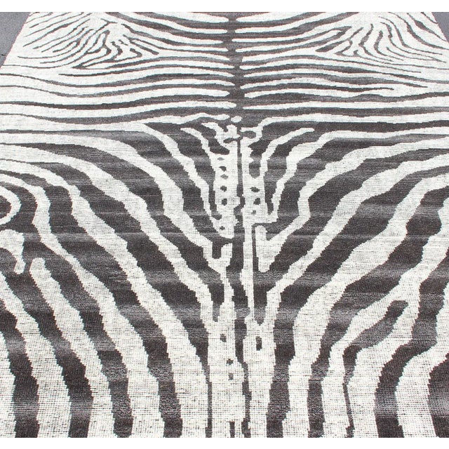 Black Large Black and White Zebra Design Distressed Modern Rug For Sale - Image 8 of 13