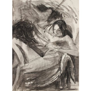Modernist Seated Female Nude Model 1971 Charcoal and Ink For Sale