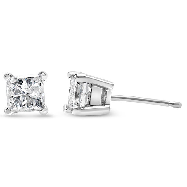 Contemporary AGS Certified 14K White Gold 3/8 Cttw 4-Prong Set Princess-Cut Solitaire Diamond Push Back Stud Earrings (I-J Color, SI2-I1 Clarity) For Sale - Image 3 of 6