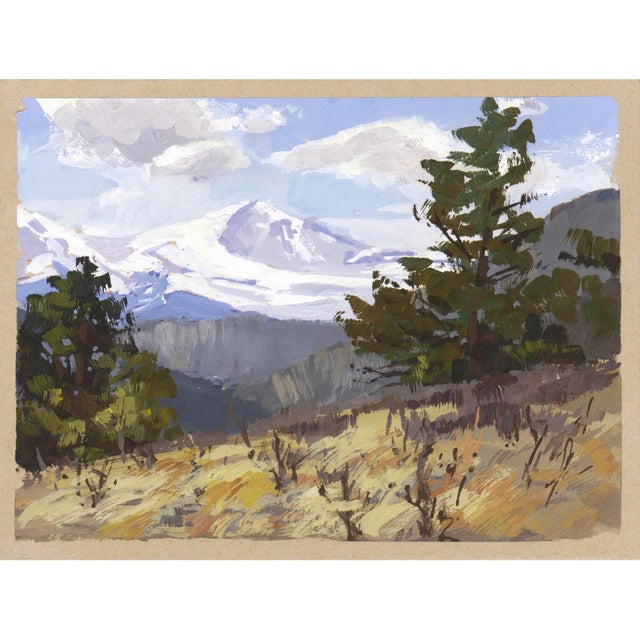 This gouache painting captures a serene view of Elk Meadow, showcasing a harmonious blend of lush greens and muted earth...