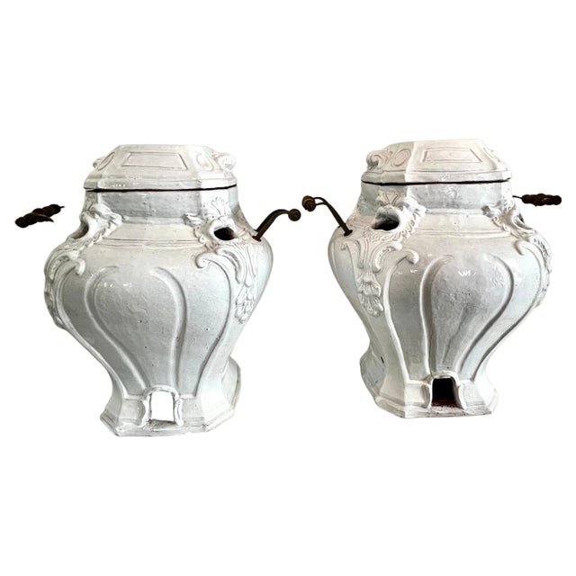 Glazed Terracotta Garden Urns or Jardinieres with Metal and Wood Handles - A Pair For Sale - Image 10 of 13