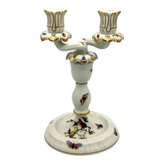 Vintage Herend Rothschild Bird Porcelain Two-Arm Candelabrum For Sale