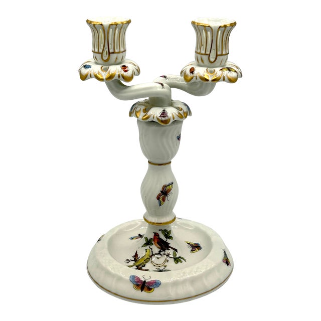 Vintage Herend Rothschild Bird Porcelain Two-Arm Candelabrum For Sale
