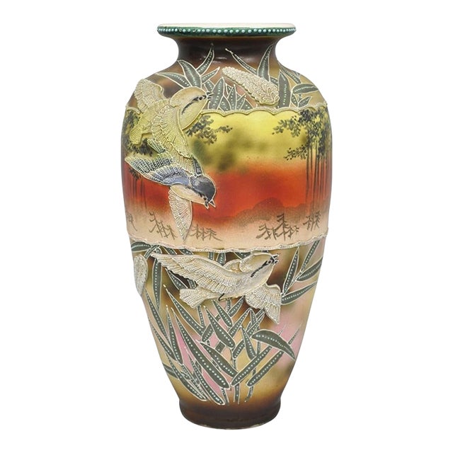 Antique Japanese Heavy Moriage Hand Painted Porcelain Oriental Bird Satsuma Vase For Sale