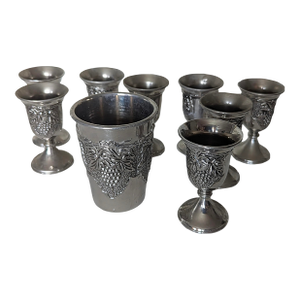 Mid 20th Century Pewter Grape Motif Cordials and 1 Cup for Wine Fountain Ensemble- 9 Pieces