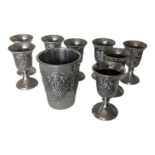 Mid Century , 8 Pewter Grape Motif Cordials Plus 1 Cup for Wine Fountain Ensemble- 9 PCS For Sale