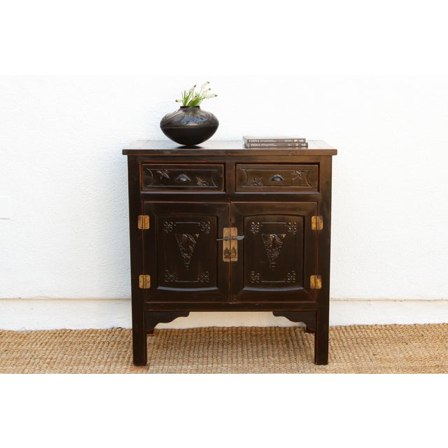 Asian Mid-Century Carved Blossom Black Asian Cabinet For Sale - Image 3 of 14