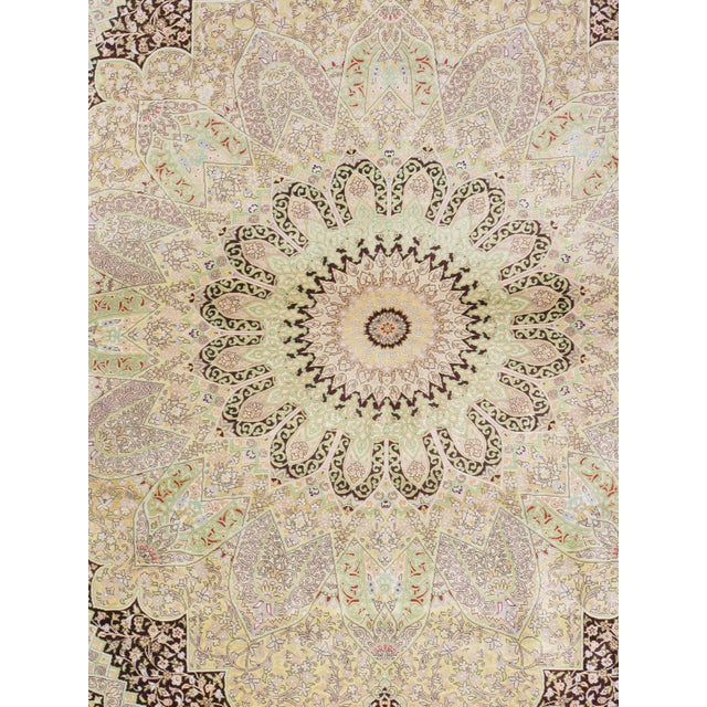 Late 20th Century Rare Finely Woven Persian Silk Qum, Handmade Oriental Rug, Ivory, Brown For Sale - Image 17 of 18