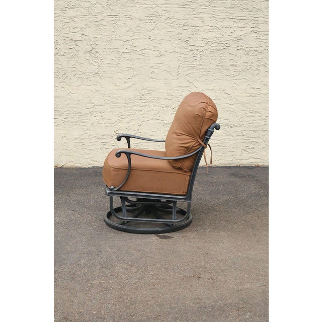 Cast Aluminum Pair Of Outdoor Swivel Lounge Chairs With Cushions For Sale - Image 16 of 18