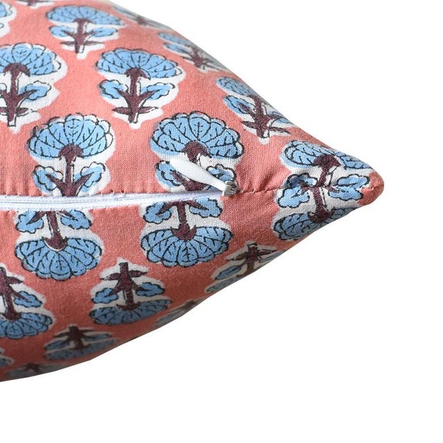 Lee Radziwill Inspired Block Print Down Flower Motif Pillow in Pink - India For Sale - Image 4 of 6