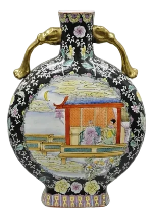 Vintage Chinese Porcelain Double Handle Large Moon Flask Flower Vase