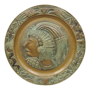Vintage Copper Relief Figural Mexican Aztec Warrior Large Wall Plaque Charger Tray