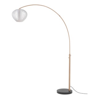 Float Arc Lamp, 92" Tall Weathered Brass Frame, Mid Century Floor Lamp, White Satin Sphere Shade For Sale