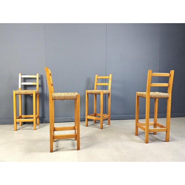 Wood Vintage Oak and Papercord Bar Stools, 1960s, Set of 4 For Sale - Image 7 of 15