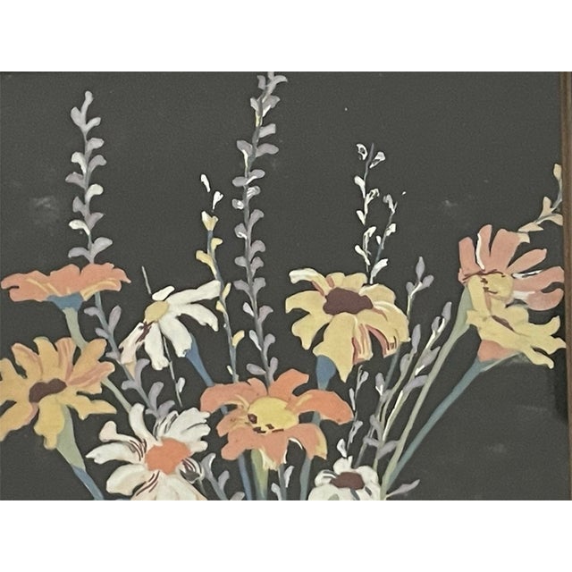 Wood Vintage Small Floral Painting With Orginal Black/Gold Frame For Sale - Image 7 of 8