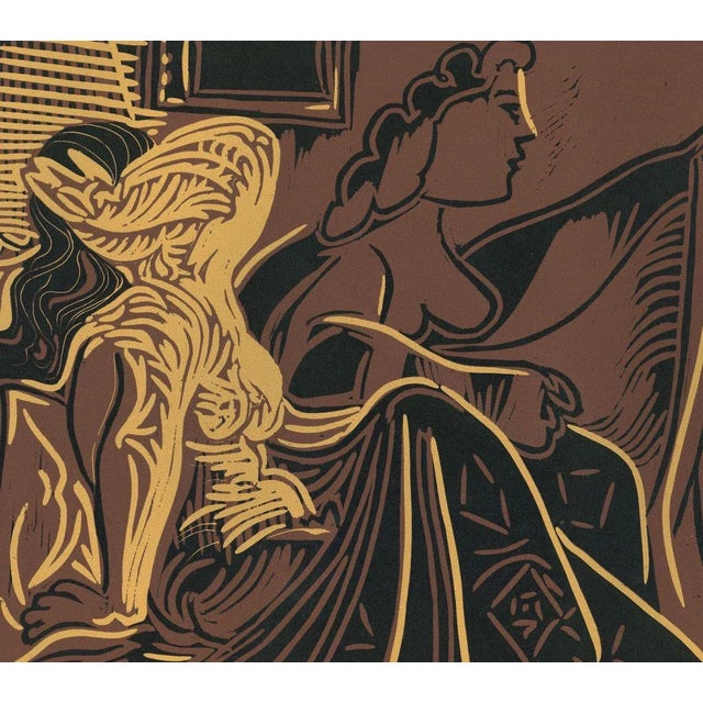 Deux Femmes près de la fenetre is an original linocut realized in smaller size after a linocut by Pablo Picasso of 1959....