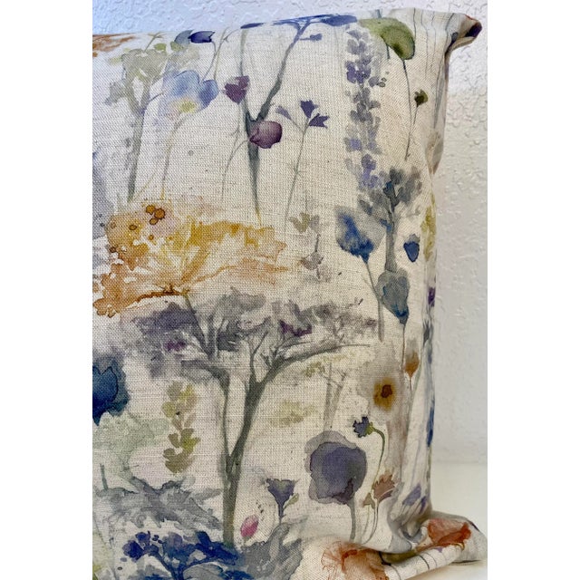English 20” Square Pillow With a Blue & Gold Watercolor-Like Floral Print - Made in U K For Sale - Image 3 of 11