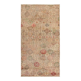 Vintage 1960s Art Deco Rug in Beige-Brown, Black, Red Floral Pattern For Sale