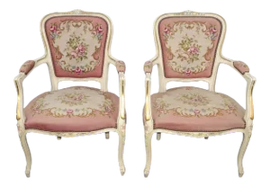 Vintage French Provincial Louis XVI Pink Needlepoint Tapestry Chairs - a Pair