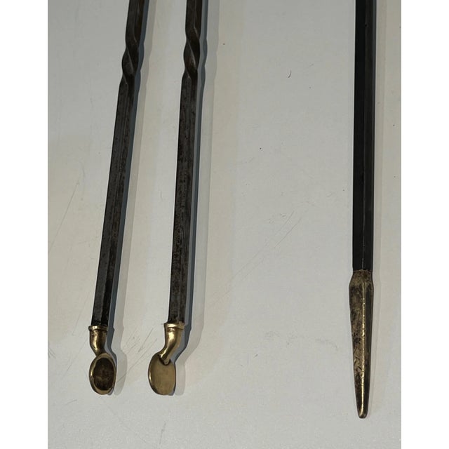 Brass and Brushed Steel Fireplace Tools Attributed to Maison Jansen For Sale - Image 11 of 12