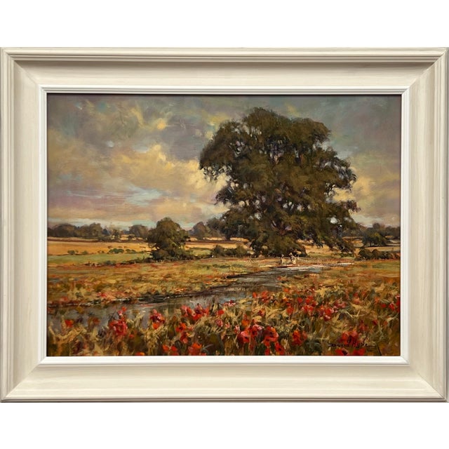 Vintage Impressionist English River Landscape Painting with Flowers & Figures 1985 For Sale