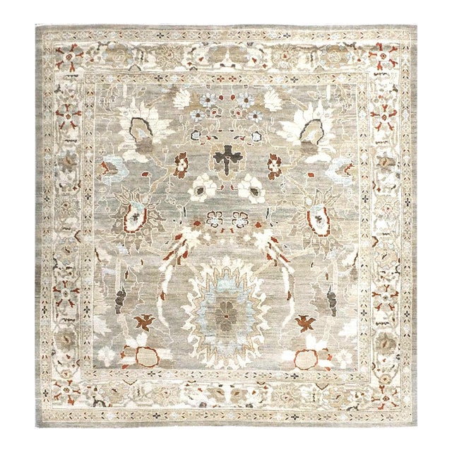 Persian Sultanabad Wool 8x8 Tan, Blue, & Ivory Handmade Square Area Rug #1143023 For Sale