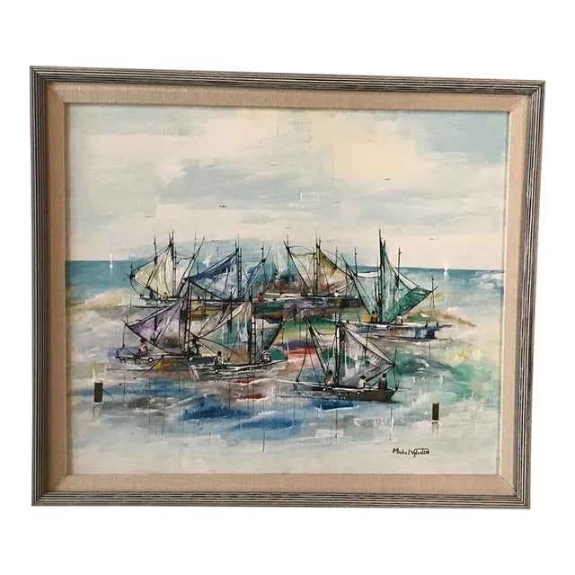 1980s Original Haitian Sailboats Oil Painting by Michel Valestin For Sale