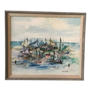 1980s Original Haitian Sailboats Oil Painting by Michel Valestin
