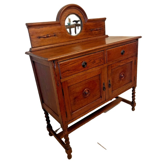 Arts & Crafts Antique Barley Twist Oak Server Cabinet Sideboard Buffet Console, Beveled Mirror For Sale - Image 3 of 17