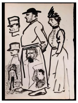 Characters, Drawing in Black Marker, Early 20th-Century
