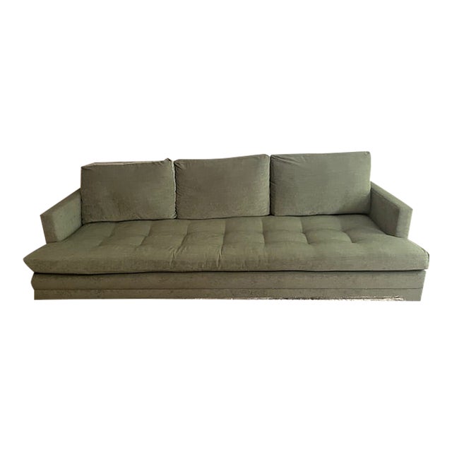 Custom Contemporary Tufted Sofa in Muted Sage Green Upholstery For Sale