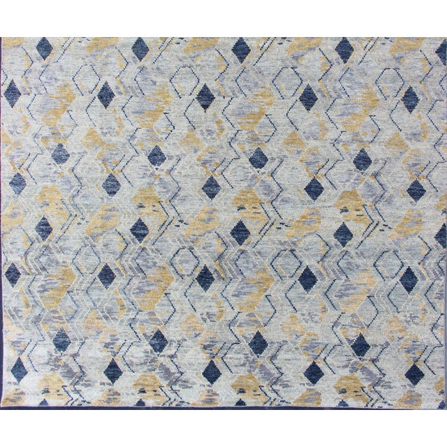 Large Modern Geometric Rug in Blue, Gray and Warm Gold Tones 9'3" X 12'3" For Sale In Atlanta - Image 6 of 12
